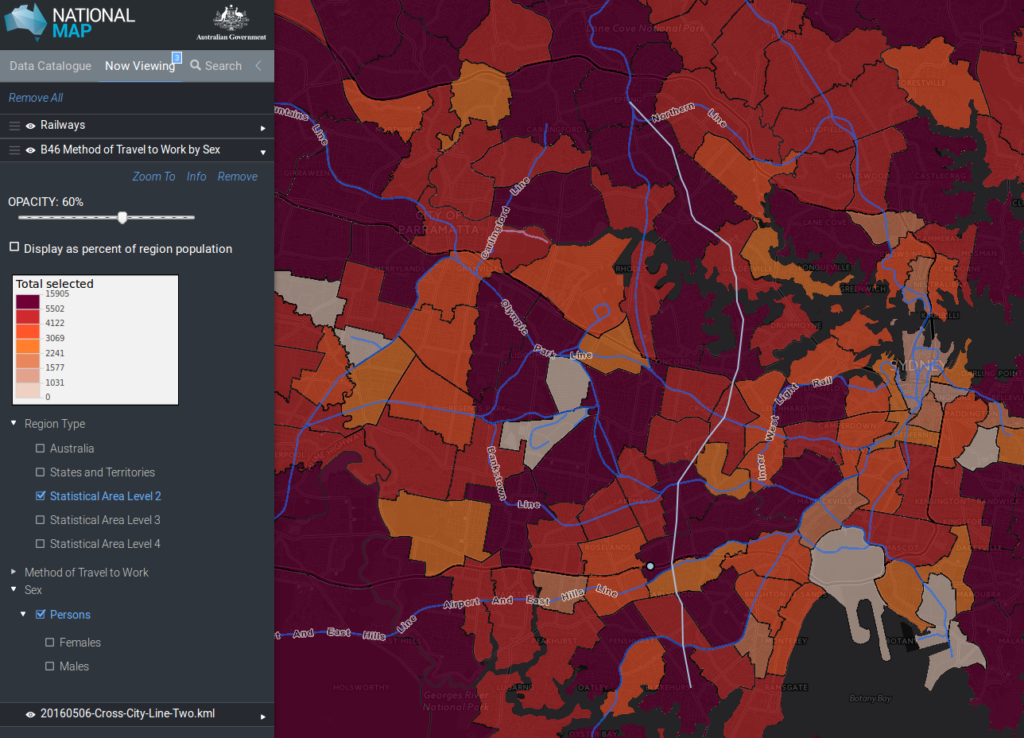 Cross City Rail (white) overlaid over those driving to work (color map) by SA2